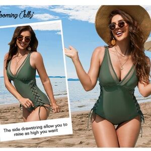 NEW Blooming Jelly Green One-Piece Swimsuit V-Neck and Ruched Detailing